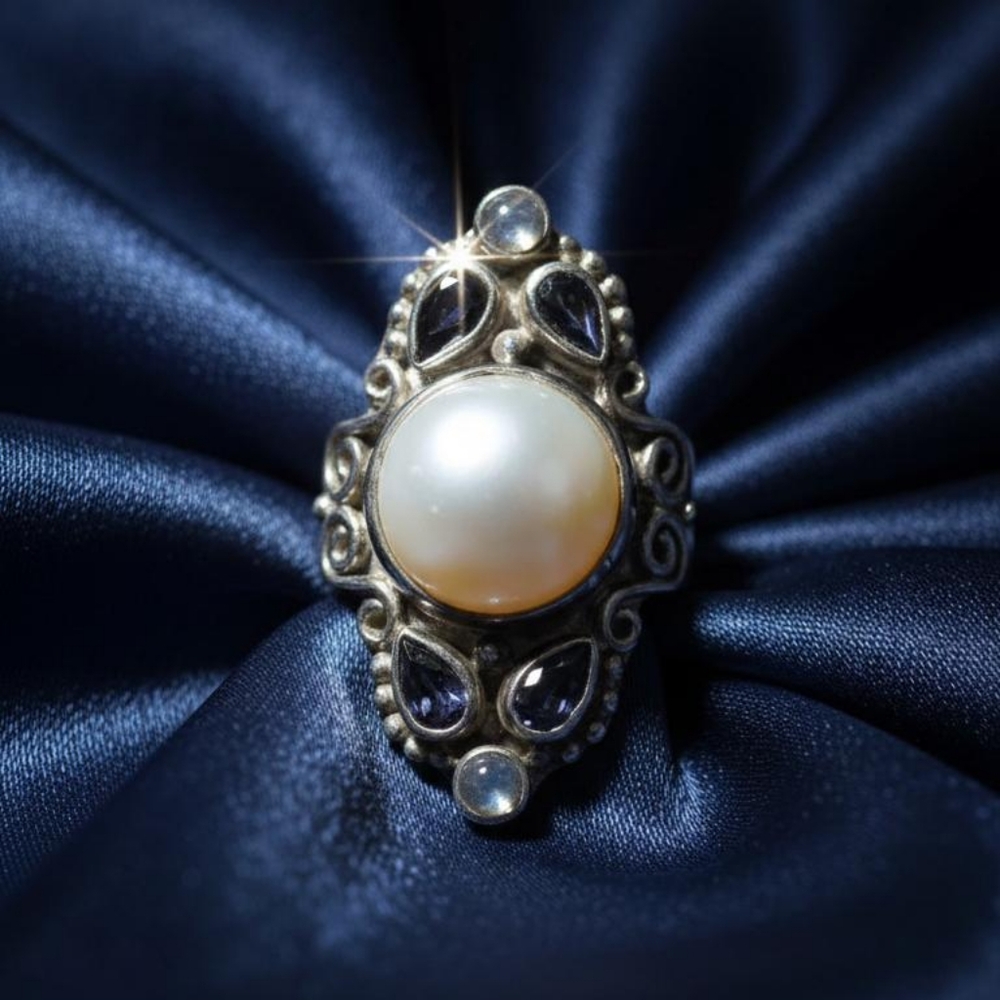 Sajen Mabe Pearl, Iolite & Rainbow Moonstone Artisan Sterling Silver Ring